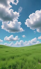 Obraz premium Pastel blue sky with white clouds and green grass texture, idyllic scene, outdoor scenery