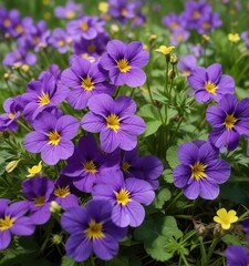 purple violets blooming in a green meadow with clear yellow stamens , bloom, countryside