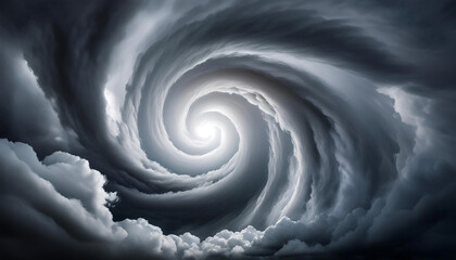 Dark clouds twist elegantly into a subtle spiral formation, hinting at the impending storm. The ominous beauty captivates, evoking emotions of awe and anticipation in the sky