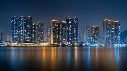 Obraz premium Night view of a city skyline with illuminated buildings reflecting on water.
