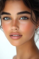 Fototapeta premium Portrait of a serene young woman with captivating green eyes and soft features, showcasing natural beauty and a fresh expression in a light setting