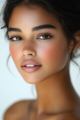 Fototapeta premium Close-up portrait of a young woman with radiant skin and captivating eyes, showcasing natural beauty and elegance in a minimalist setting