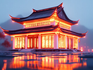 Obraz premium glowing traditional temple with intricate architectural designs reflecting on water
