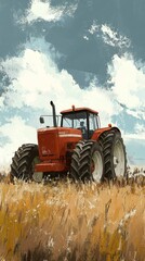 Obraz premium Red Tractor in Golden Wheat Field Under Cloudy Sky