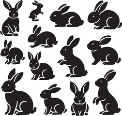 Fototapeta premium Black and white bunny silhouette vector illustration. icon style bunny set isolated on white background.