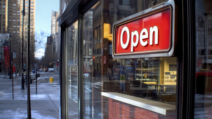 Open sign in modern storefront, showcasing vibrant red color and bold lettering, inviting customers in bustling urban environment