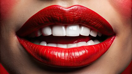 Obraz premium Artistic Close-Up of Open Red Lips with White Teeth on Bold Red Background for Stunning Visual Impact