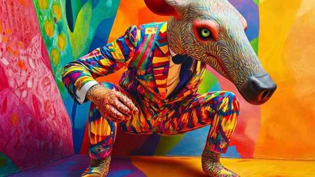 An aardvark in a vibrant, patterned suit, digging playfully on a colorful backdrop with room for birthday text and party invitations.