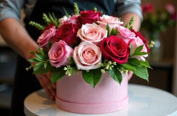 Obraz premium Bouquet of roses in a big round pink hat box in man hands. Work florist.