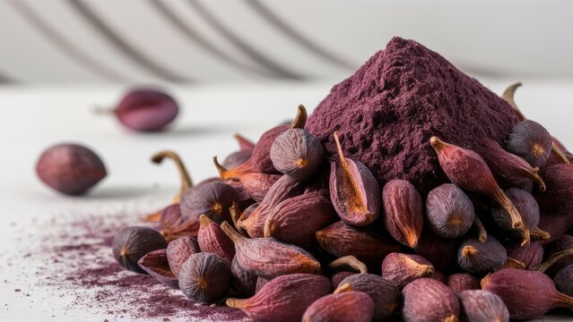 Dried and powdered seeds of syzygium, also known as jambul. The seeds have a dark purple hue, reminiscent of a juicy plum, and are finely ground into powder.