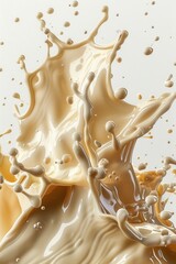 Obraz premium Coffee splash creates an artistic display of creamy textures and dynamic motion against a neutral background at a coffee shop setting in the morning light