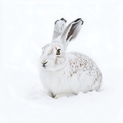 A white arctic hare camouflaging in snow isolated on white background.