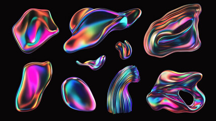 Bold holographic liquid metal shapes set isolated. Iridescent wavy melted substance. Ai generated