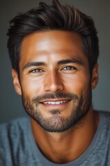 Fototapeta premium Smiling man with stylish haircut showing confidence and charm in a close-up portrait captured during daylight