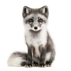 Obraz premium An arctic fox with a fluffy tl isolated on white background.