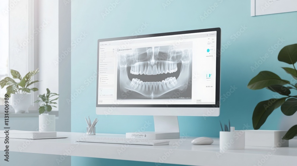 Poster A sleek office setting features a computer screen displaying detailed dental X-rays. The environment is bright and airy, with plants adding a touch of nature to the contemporary workspace.