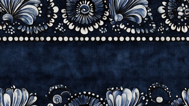Rustic azure black and white shell motif linen pattern in a seamless batik border, crafted for modern beach cottage aesthetics