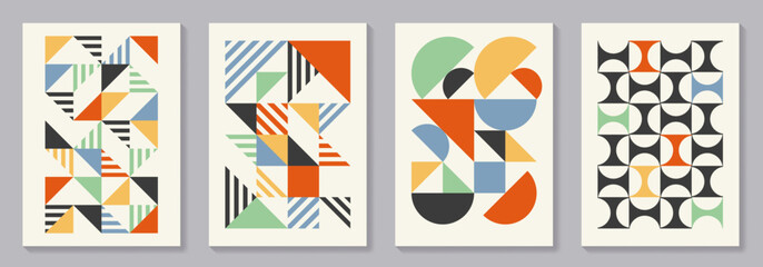 Retro set of geometric vector trendy bauhaus pattern backgrounds set. Colorful vintage posters with 20s geometric design for cover design, poster and interior.