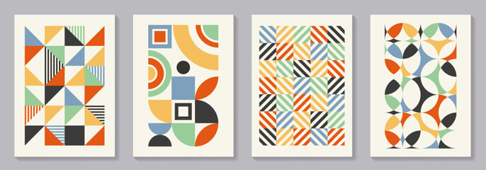 Retro set of geometric vector trendy bauhaus pattern backgrounds set. Colorful vintage posters with 20s geometric design for cover design, poster and interior.