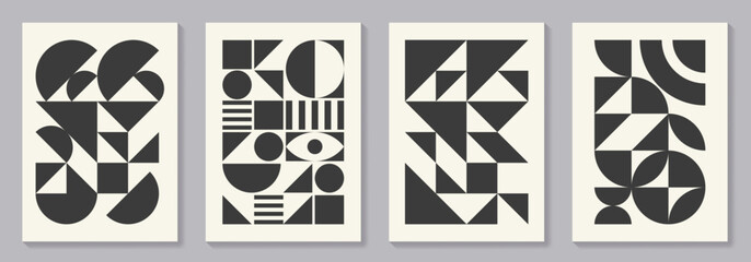 Retro set of black and white geometric vector pattern minimal posters with 20s geometric design. Trendy bauhaus pattern background for cover design, poster and interior.
