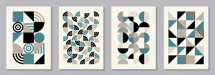Retro set of geometric vector trendy bauhaus pattern backgrounds set. Vintage posters with 20s geometric design for cover design, poster and interior.