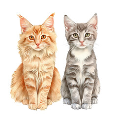 Obraz premium Two adorable cats, one orange and fluffy, other gray with striking features, sit side by side, showcasing their unique personalities and charm isolated on transparent background