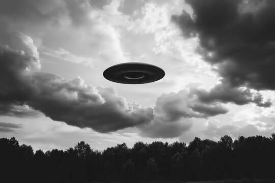 UFO &uuml;ber einer bewaldeten Landschaft im Retro-Stil

