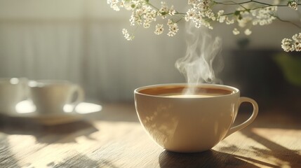 Steaming coffee, flowers, sunlit wooden table.