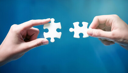 Two hands holding matching puzzle pieces, symbolizing connection and completion. Generative AI.