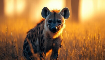 Obraz premium Hyena walks through golden grass during sunset in a serene wildlife landscape