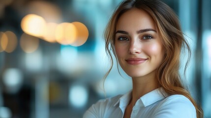 Fototapeta premium Young woman with long hair smiles confidently while posing in a modern indoor setting with soft lighting during the day