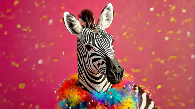A zebra with a colorful outfit is running through a field