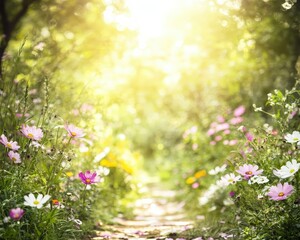 Fototapeta premium Brightly lit pathway through a flower-filled garden during a sunny day in spring
