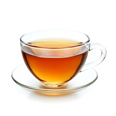 Cup of tea. Glass cup of hot aromatic tea on white background.