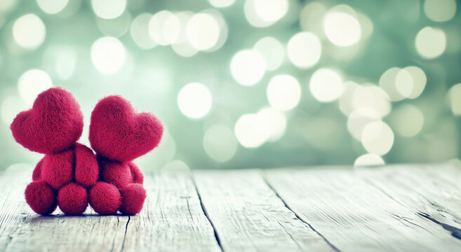 Due puppazzetti di pelouche rossi con la testa a forma di cuore su piano di legno con spazio vuoto, abbracciati per San Valentino.