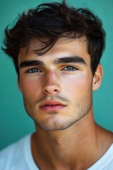 Fototapeta premium Handsome young man with striking blue eyes and tousled hair posing against a vibrant turquoise background during the daytime