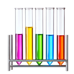 Colorful test tubes filled with liquids in metal rack, showcasing vibrant hues of pink, yellow, green, blue, and red, ideal for scientific themes isolated on transparent background