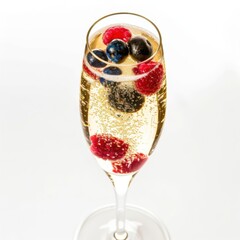 A sparkling champagne flute with berries, presented against an isolated white background, pop art...