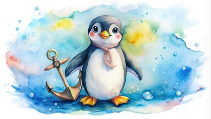 Charming watercolor penguin and nautical anchor illustration, perfect for baby showers, stickers, cards, fabrics, and clothing designs. Hand-drawn clipart inspired by northern sea elements.