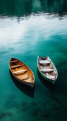 Obraz premium Tranquil nature setting two boats drifting still water picture