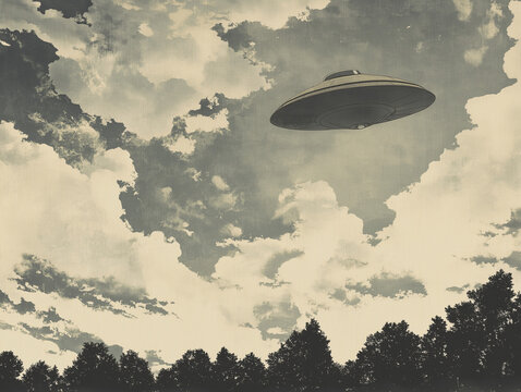 UFO &uuml;ber einer bewaldeten Landschaft im Retro-Stil

