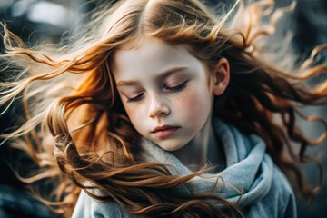 Fototapeta premium Portrait of a beautiful little red-haired girl with long wavy hair and a thoughtful look. The hair develops and creates a feeling of lightness and naturalness.