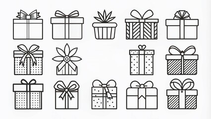 Chic black and white gift icons collection featuring elegant line illustrations, perfect for enhancing product photography and vector graphics in various design projects.
