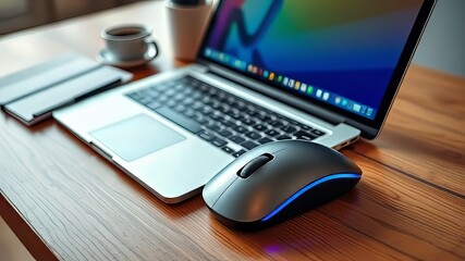 Laptop Mouse Wooden Table Flatlay Vibrant Colors High Resolution