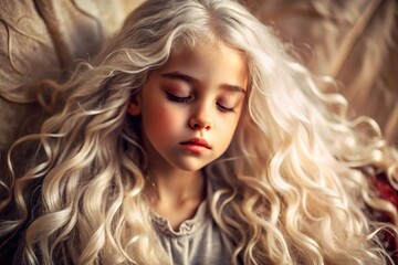 Fototapeta premium Portrait of a beautiful little blonde girl with long wavy hair and a thoughtful look. The hair develops and creates a feeling of lightness and naturalness.