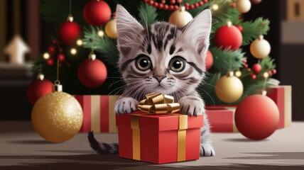Obraz premium Cat is sitting on a table with a red box and a Christmas tree