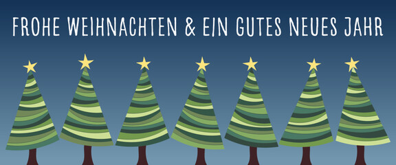 Frohe Weihnachten und ein gutes neues Jahr - Schriftzug in deutscher Sprache. Grußkarte mit Weihnachtsbäumen.