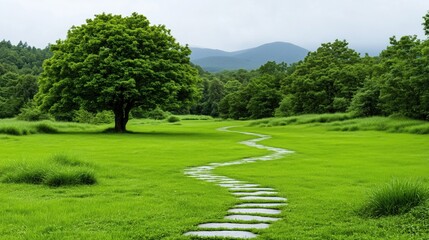 Fototapeta premium tranquil park features a curved stone pathway leading through vibrant green grass. large tree stands prominently, surrounded by hills under a cloudy sky, creating a peaceful atmosphere