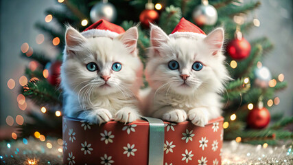 Two adorable white kittens wearing Santa hats, sitting on top of red gift boxes with snowflake designs.