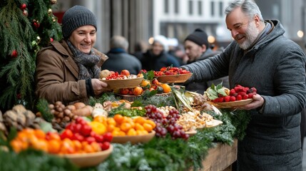 On a chilly winter day, vendors at a bustling market showcase an array of colorful fresh fruits and vegetables, attracting enthusiastic customers eager to purchase seasonal produce